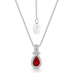 18ct White Gold Pear Cut Ruby And Double Diamond Halo Fancy Surround Pendant