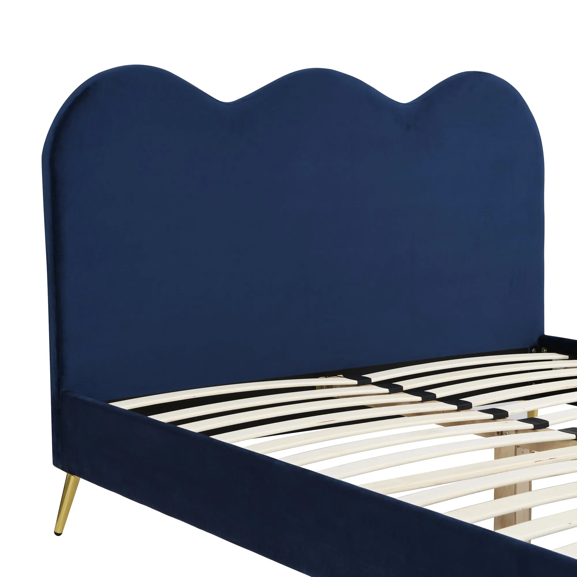 Gidea Velvet Upholstered Bed Frame with Scalloped Headboard & Golden Chrome Legs