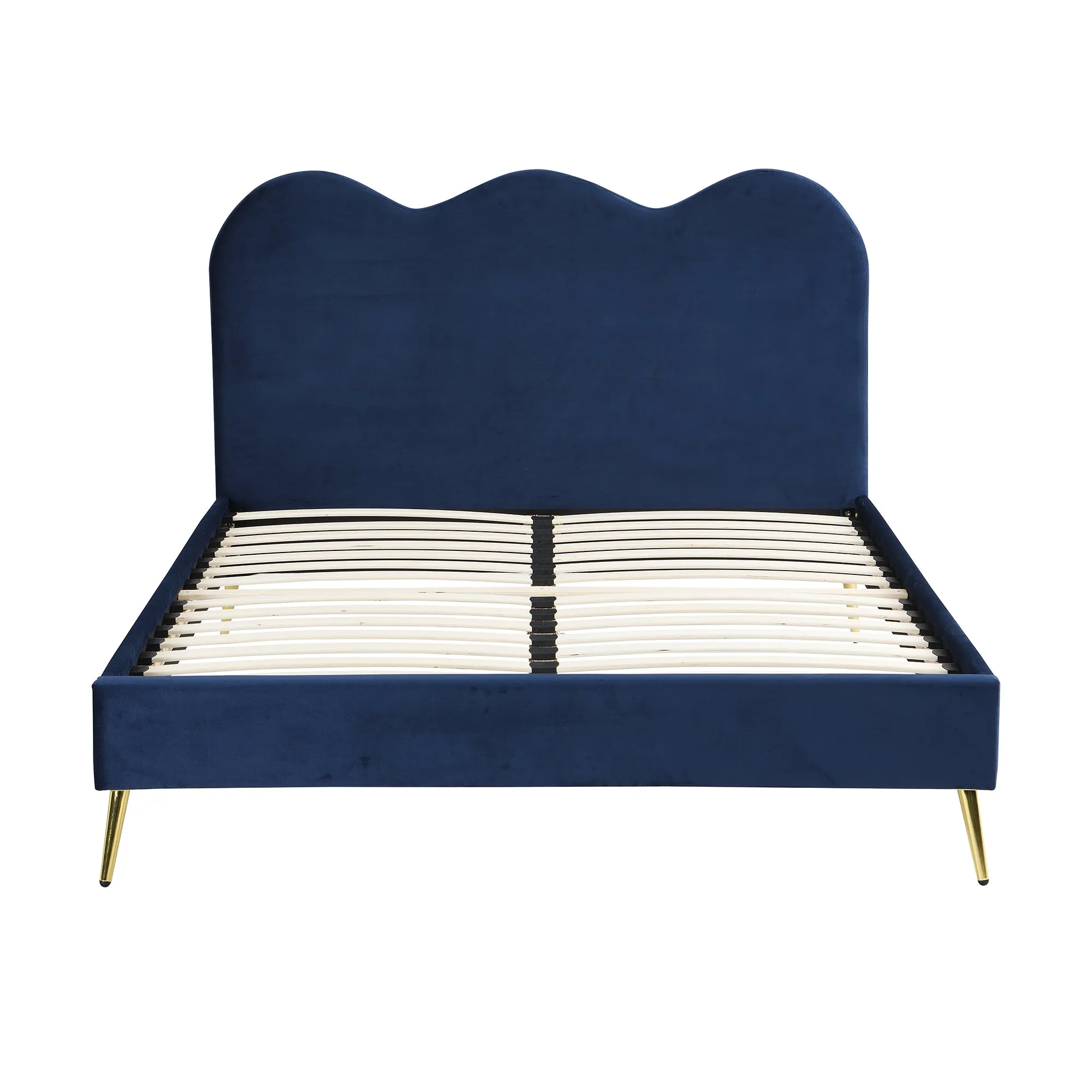 Gidea Velvet Upholstered Bed Frame with Scalloped Headboard & Golden Chrome Legs