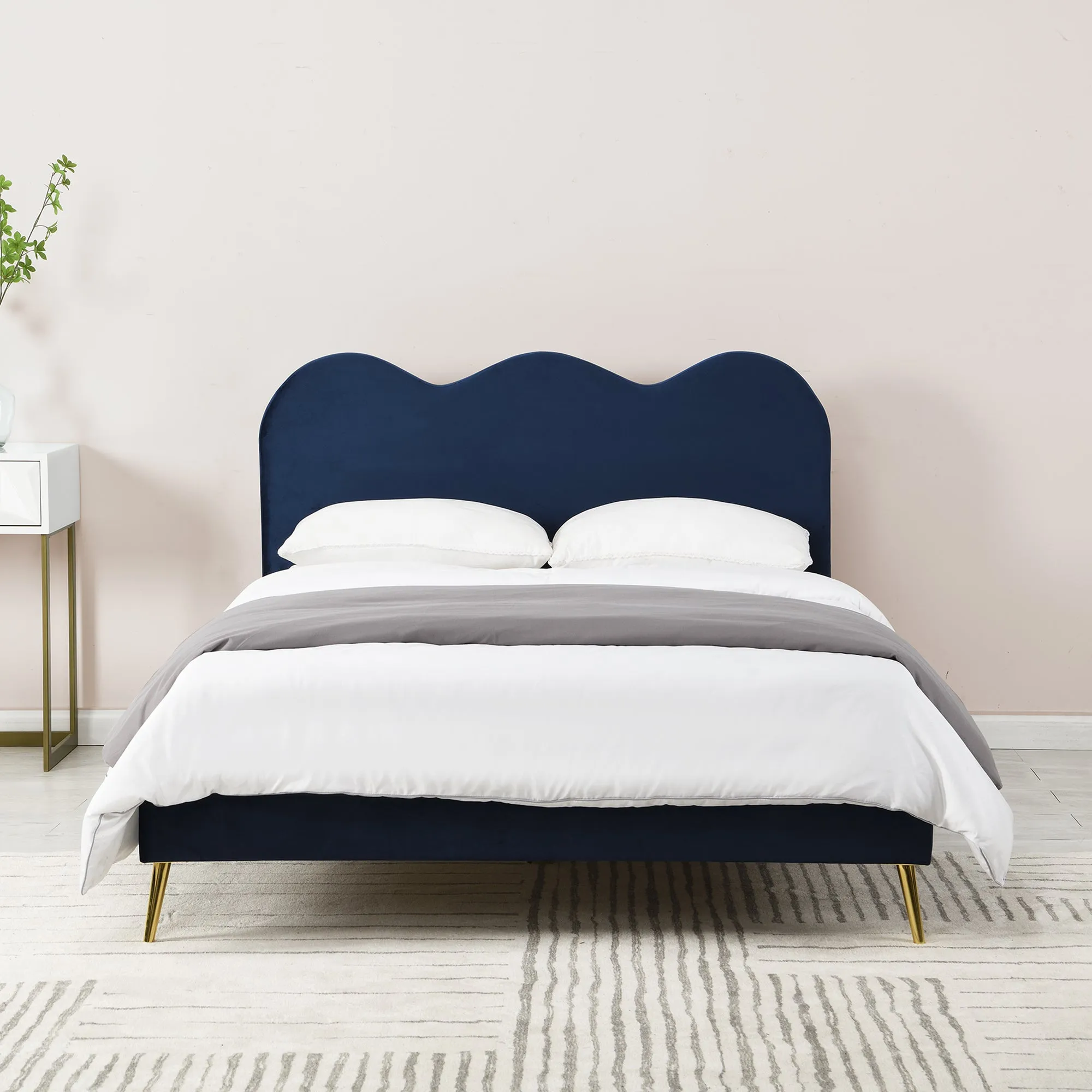 Gidea Velvet Upholstered Bed Frame with Scalloped Headboard & Golden Chrome Legs