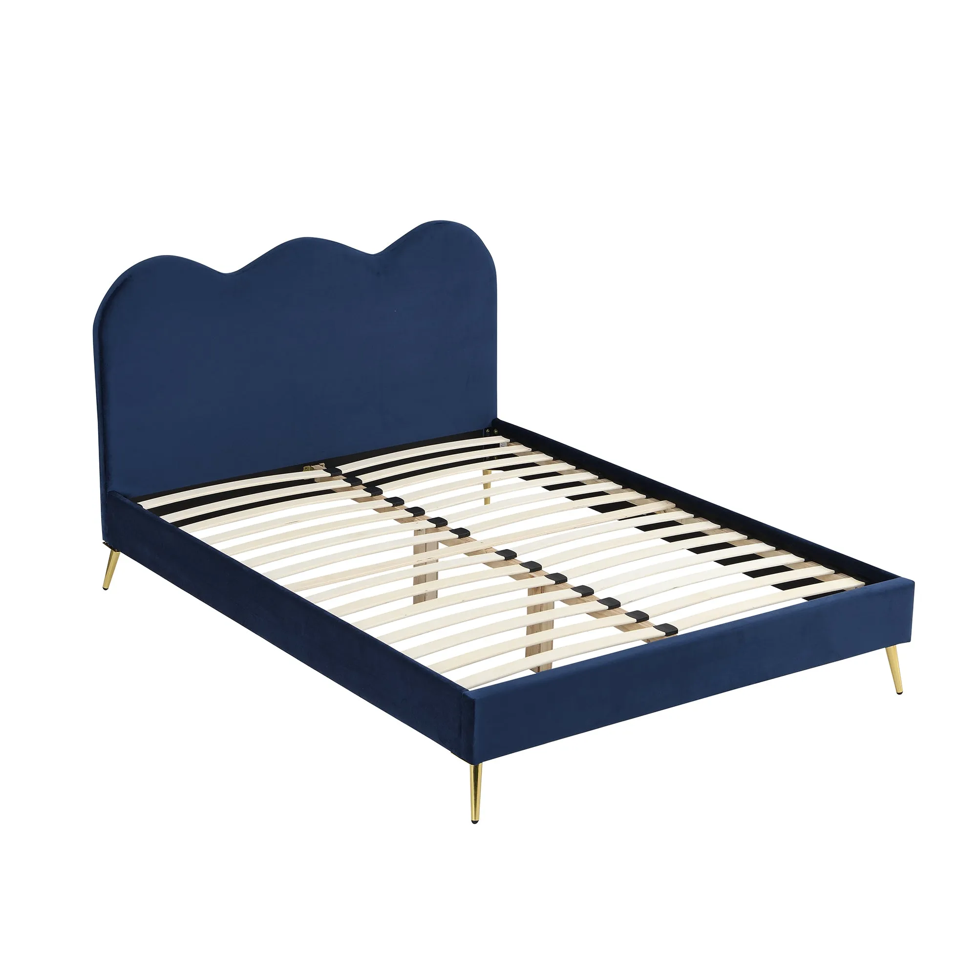 Gidea Velvet Upholstered Bed Frame with Scalloped Headboard & Golden Chrome Legs