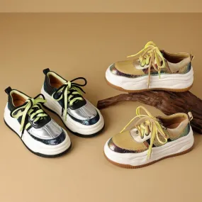 Leather and Mesh Platform Sneakers for Women in Sliver/Yellow