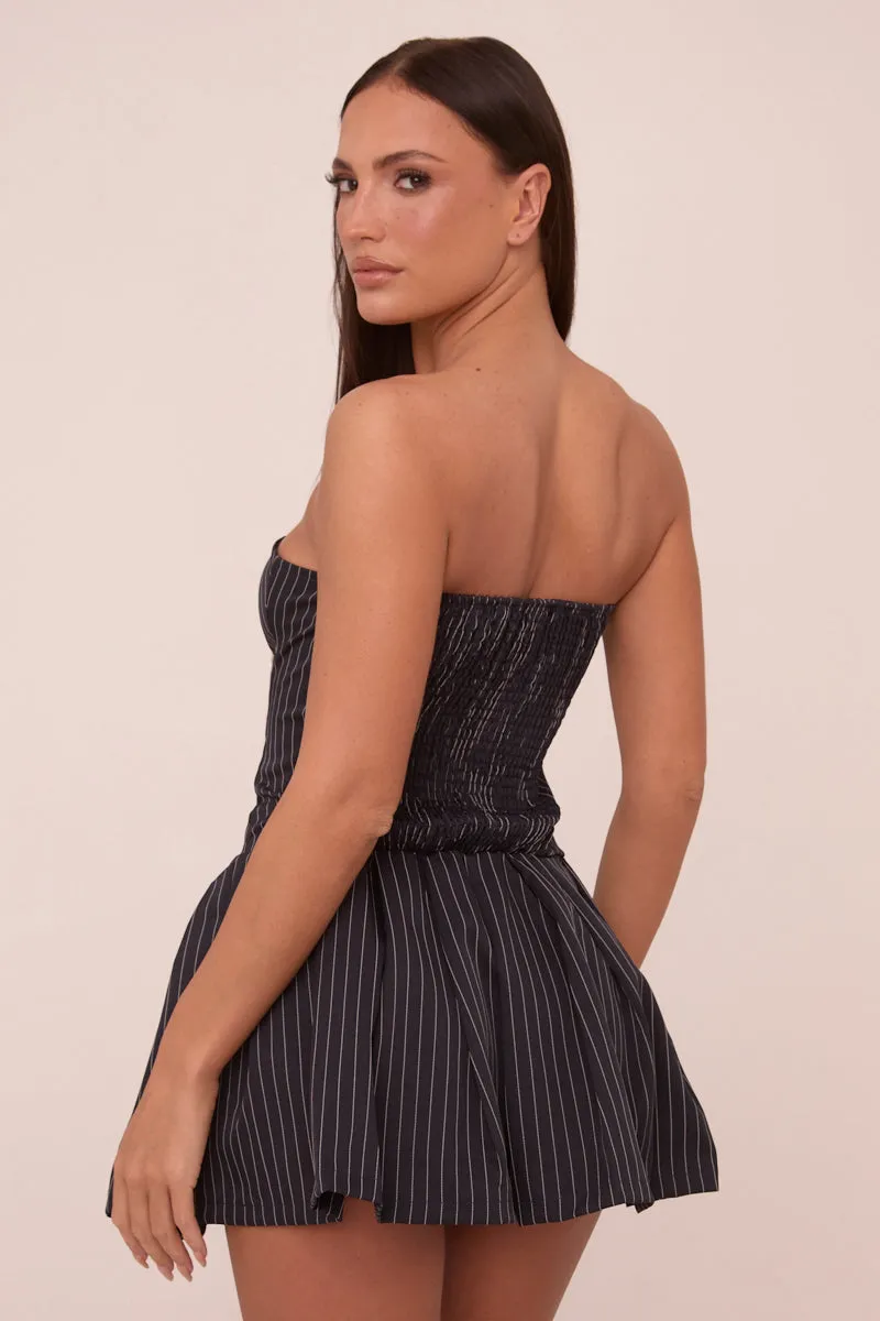 Navy Pin Stripe Bandeau Pleated Mini Dress - Amy