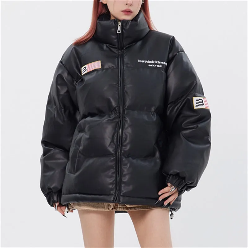 PU Leather Embroidered Puffer Jacket