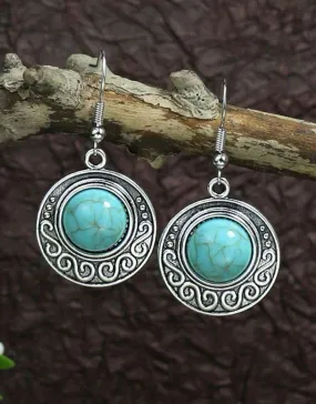 Round Silver with Turquoise Stone Drop Earrings