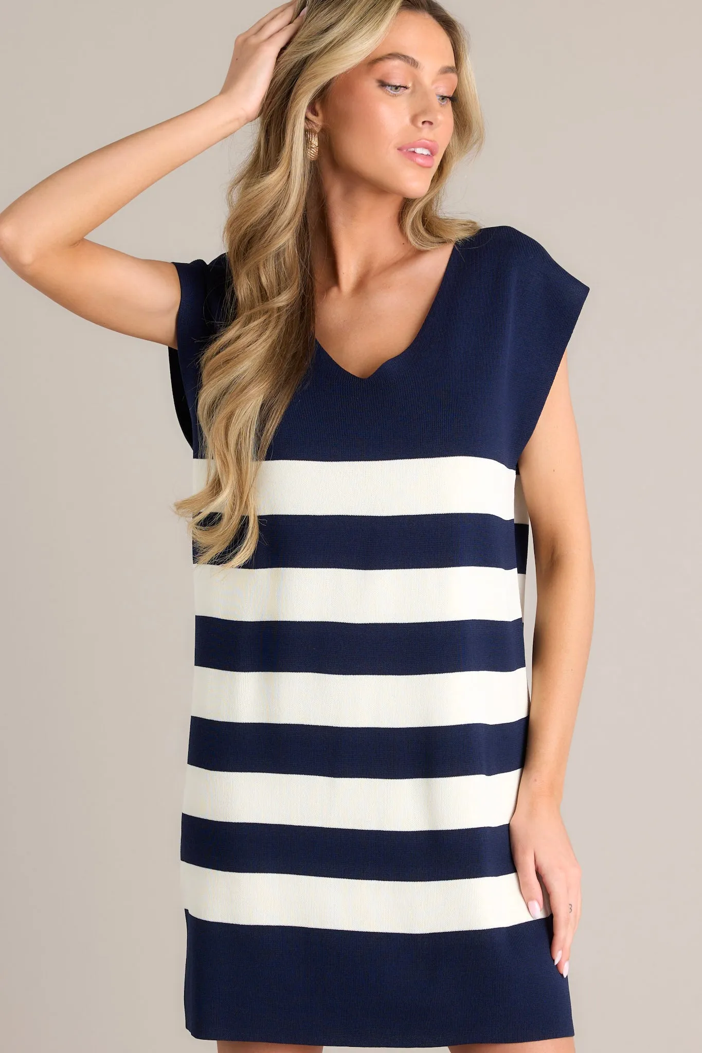 So It Goes Navy Stripe Cap Sleeve Mini Dress