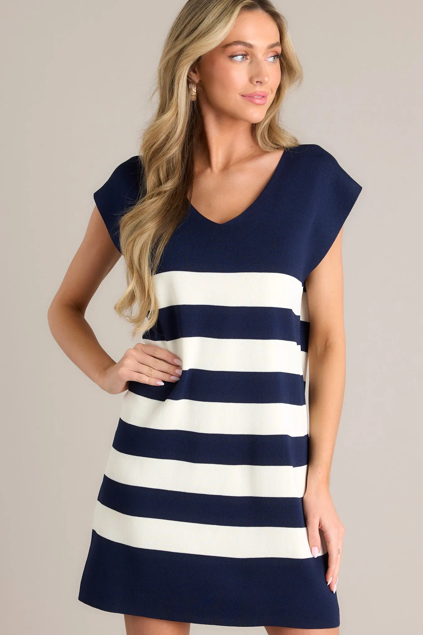 So It Goes Navy Stripe Cap Sleeve Mini Dress